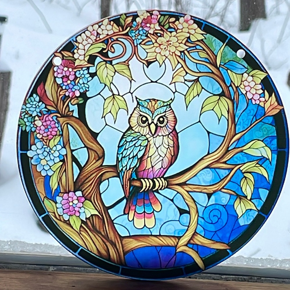 Acrylic Suncatcher Owl Bird 6” New Gift Faux Stained Glass Cottage Decor